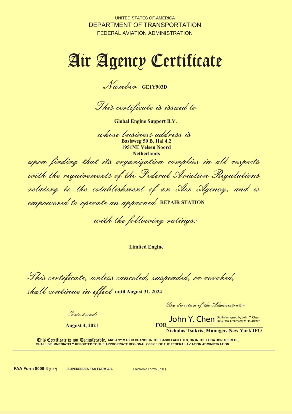 FAA - Air Agency Certificate | Global Engine Support