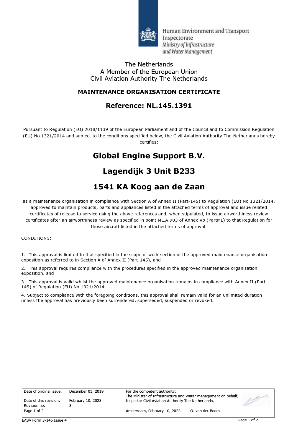 Maintenance Orgainsation Approval Certificate | Global Engine Support